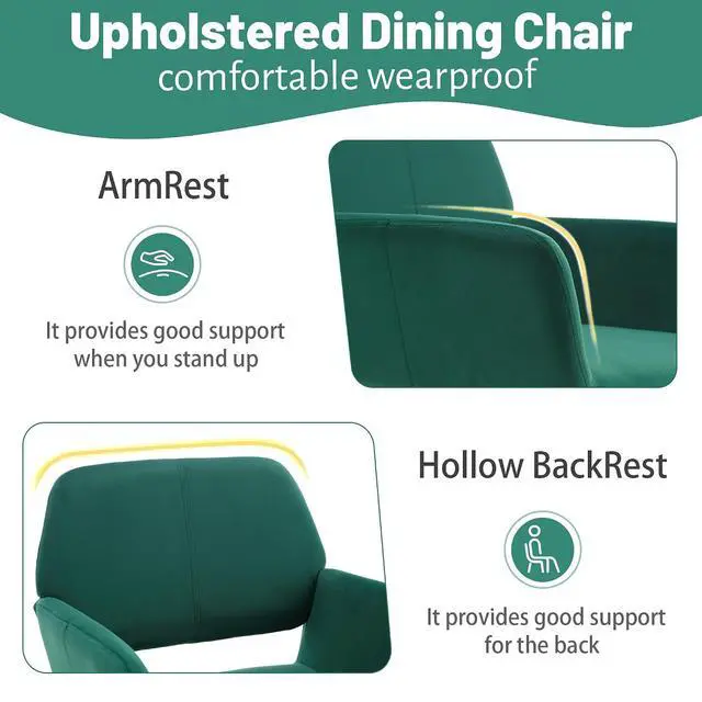Alt view image 5 of 7 - Small Modern Dining Room Arm Chairs Set of 4, Mid-Century Upholstered Velvet Side Seat Club Guest with Metal Tube Legs for Kitchen, Living Room, Green