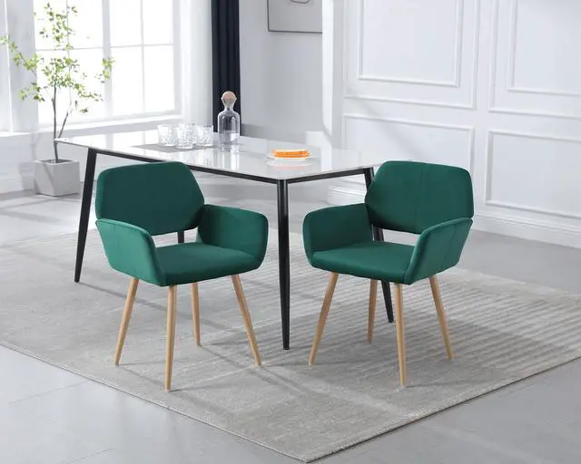 Alt view image 2 of 7 - Small Modern Dining Room Arm Chairs Set of 2, Mid-Century Upholstered Velvet Side Seat Club Guest with Metal Tube Legs for Kitchen, Living Room, Green