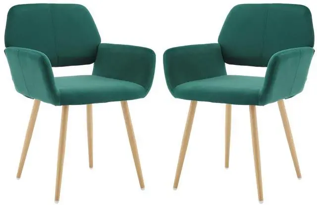 Main image of Small Modern Dining Room Arm Chairs Set of 2, Mid-Century Upholstered Velvet Side Seat Club Guest with Metal Tube Legs for Kitchen, Living Room, Green