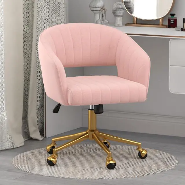 Alt view image 2 of 7 - Home Office Chair Swivel Velvet Desk Chair Accent Armchair Upholstered Modern Tufted Chairs with Gold Base for Girls Women Ergonomic Study Seat Computer Task Stools for Living Room(Pink)