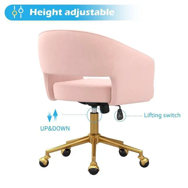 Alt view image 4 of 7 - Home Office Chair Swivel Velvet Desk Chair Accent Armchair Upholstered Modern Tufted Chairs with Gold Base for Girls Women Ergonomic Study Seat Computer Task Stools for Living Room(Pink)