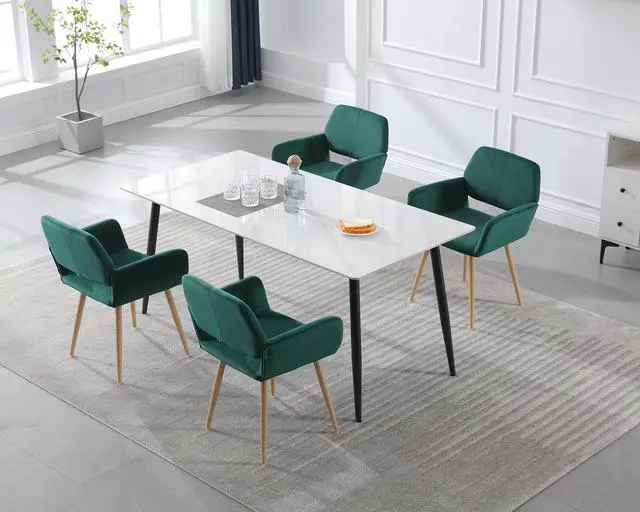 Alt view image 4 of 7 - Small Modern Dining Room Arm Chairs Set of 2, Mid-Century Upholstered Velvet Side Seat Club Guest with Metal Tube Legs for Kitchen, Living Room, Green