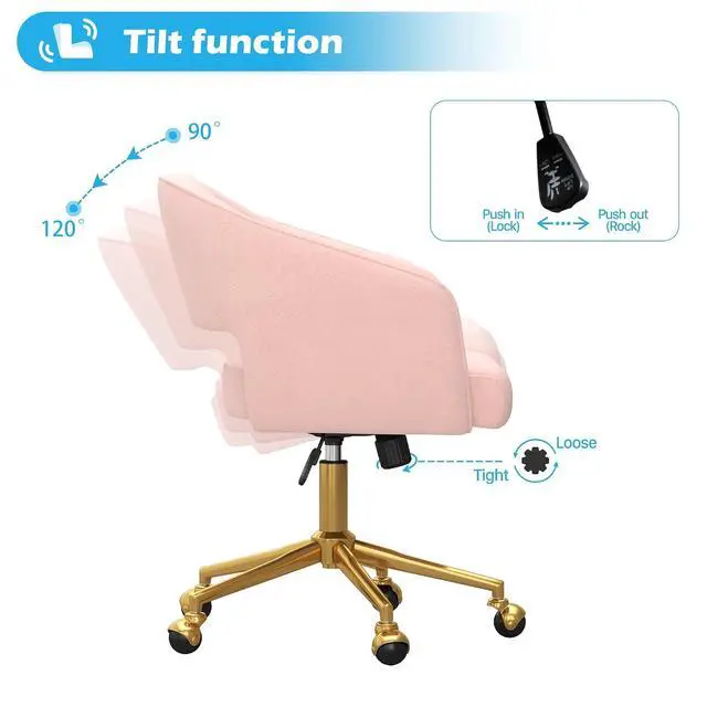 Alt view image 5 of 7 - Home Office Chair Swivel Velvet Desk Chair Accent Armchair Upholstered Modern Tufted Chairs with Gold Base for Girls Women Ergonomic Study Seat Computer Task Stools for Living Room(Pink)