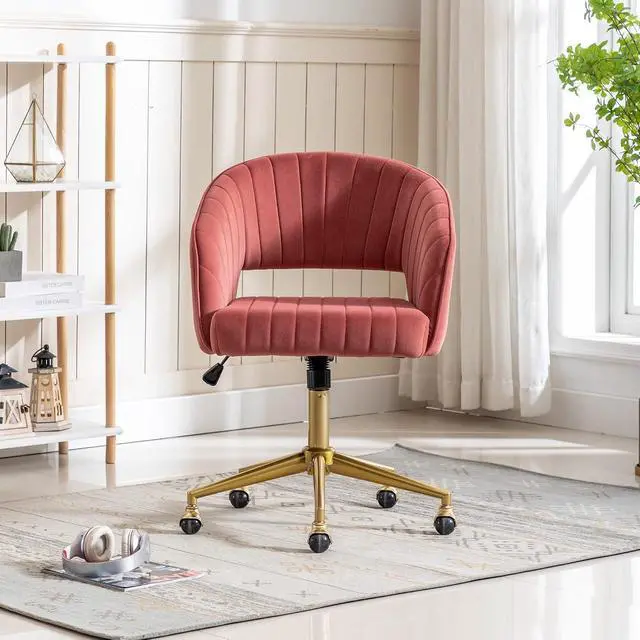 Alt view image 2 of 7 - Home Office Chair Swivel Velvet Desk Chair Accent Armchair Upholstered Modern Tufted Chairs with Gold Base for Girls Women Ergonomic Study Seat Computer Task Stools for Living Room(Rose)