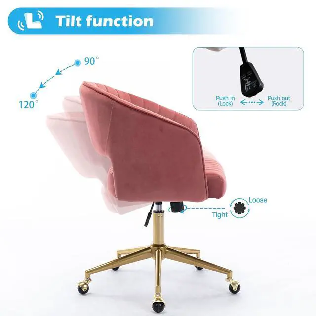 Alt view image 5 of 7 - Home Office Chair Swivel Velvet Desk Chair Accent Armchair Upholstered Modern Tufted Chairs with Gold Base for Girls Women Ergonomic Study Seat Computer Task Stools for Living Room(Rose)