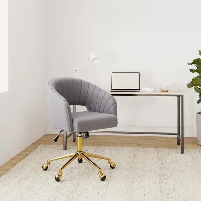 Alt view image 2 of 7 - Home Office Chair Swivel Velvet Desk Chair Accent Armchair Upholstered Modern Tufted Chairs with Gold Base for Girls Women Ergonomic Study Seat Computer Task Stools for Living Room(Light Gray)