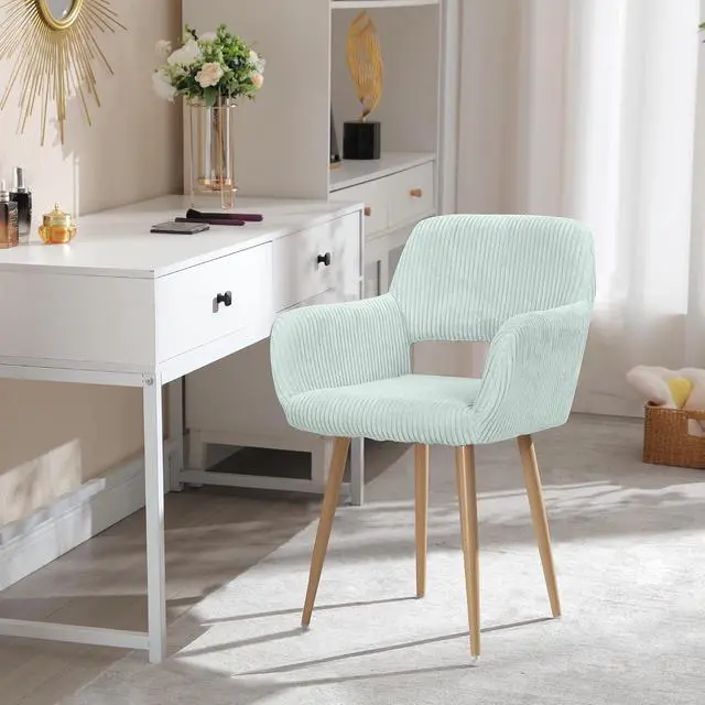 Alt view image 2 of 7 - Small Modern Dining Room Arm Chairs 1 Piece, Mid-Century Upholstered Corduroy Fabric Side Seat Club Guest with Metal Tube Legs for Kitchen, Living Room, Blue