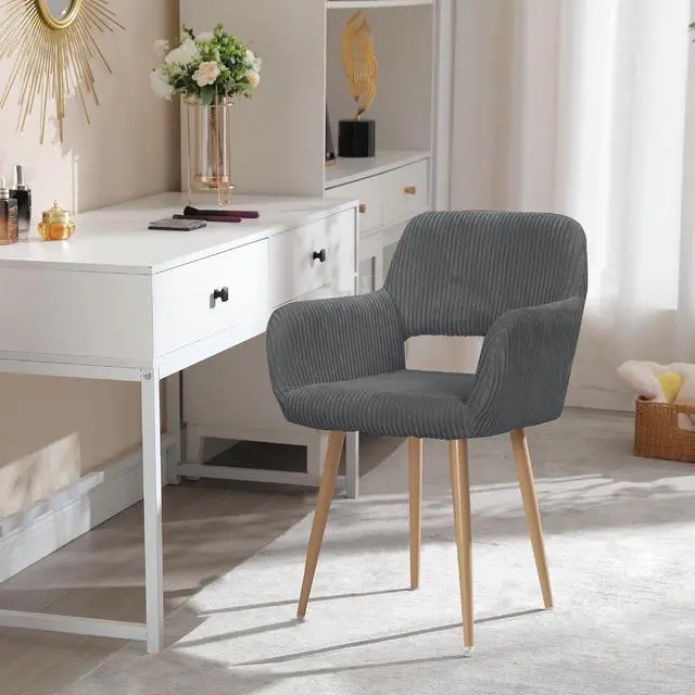 Alt view image 2 of 7 - Small Modern Dining Room Arm Chairs 1 Piece, Mid-Century Upholstered Corduroy Fabric Side Seat Club Guest with Metal Tube Legs for Kitchen, Living Room, Gray