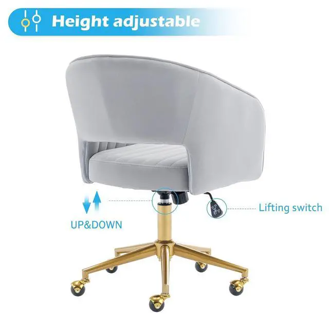 Alt view image 4 of 7 - Home Office Chair Swivel Velvet Desk Chair Accent Armchair Upholstered Modern Tufted Chairs with Gold Base for Girls Women Ergonomic Study Seat Computer Task Stools for Living Room(Light Gray)