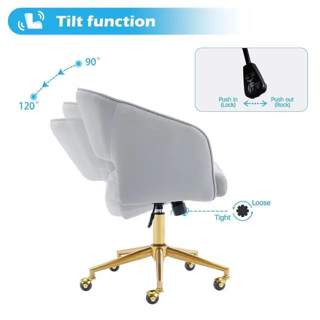 Alt view image 5 of 7 - Home Office Chair Swivel Velvet Desk Chair Accent Armchair Upholstered Modern Tufted Chairs with Gold Base for Girls Women Ergonomic Study Seat Computer Task Stools for Living Room(Light Gray)