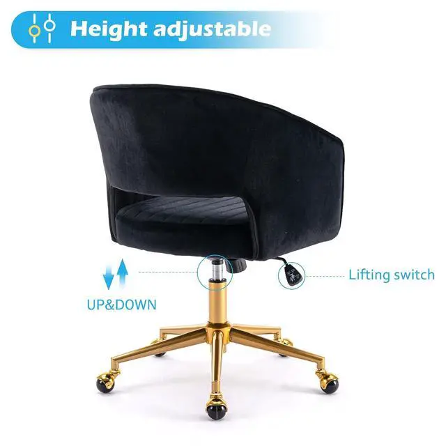 Alt view image 4 of 7 - Home Office Chair Swivel Velvet Desk Chair Accent Armchair Upholstered Modern Tufted Chairs with Gold Base for Girls Women Ergonomic Study Seat Computer Task Stools for Living Room(Black)