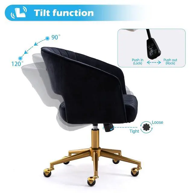 Alt view image 5 of 7 - Home Office Chair Swivel Velvet Desk Chair Accent Armchair Upholstered Modern Tufted Chairs with Gold Base for Girls Women Ergonomic Study Seat Computer Task Stools for Living Room(Black)