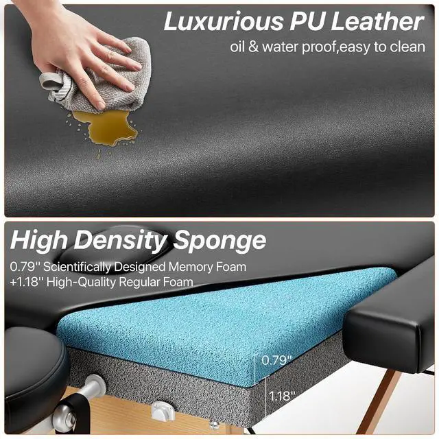 Alt view image 5 of 7 - Memory Foam Massage Table Premium Portable Foldable Massage Bed Height Adjustable, 84 Inches Long 28 Inchs Wide Home Salon Spa Bed Tattoo Table with Accessories &Carrying Case, Easy Set Up