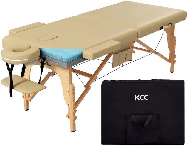 Main image of Memory Foam Portable Massage Table, Foldable Tattoo Table Lash Bed Height Adjustable28 Inchs Wide Home Salon Spa Bed Accessories &Carrying CaseEasy Set Up,Sturdy Wooden Feet,Beige