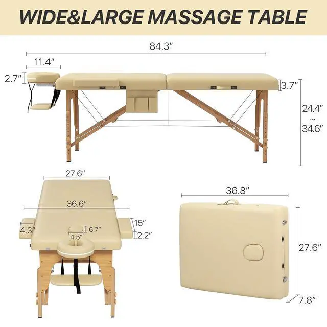 Alt view image 3 of 7 - Memory Foam Portable Massage Table, Foldable Tattoo Table Lash Bed Height Adjustable28 Inchs Wide Home Salon Spa Bed Accessories &Carrying CaseEasy Set Up,Sturdy Wooden Feet,Beige