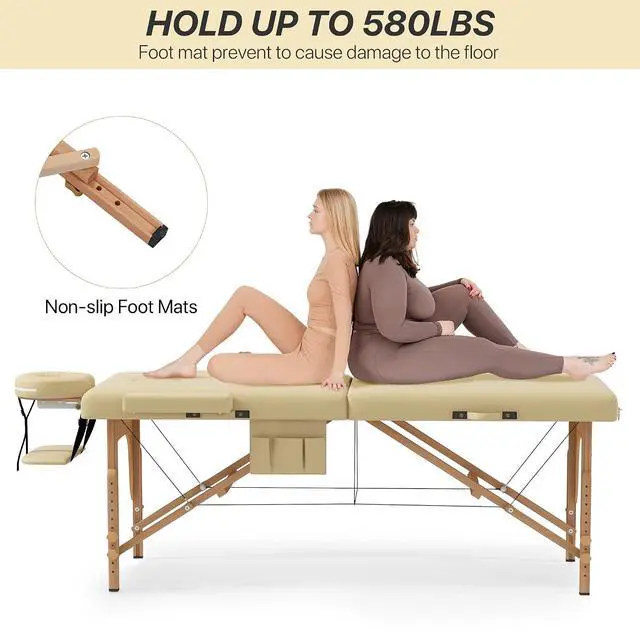 Alt view image 4 of 7 - Memory Foam Portable Massage Table, Foldable Tattoo Table Lash Bed Height Adjustable28 Inchs Wide Home Salon Spa Bed Accessories &Carrying CaseEasy Set Up,Sturdy Wooden Feet,Beige