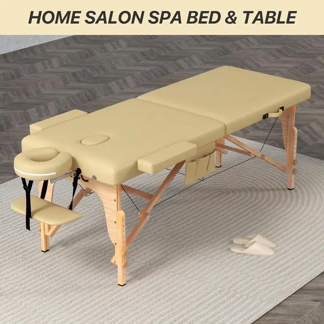 Alt view image 2 of 7 - Memory Foam Portable Massage Table, Foldable Tattoo Table Lash Bed Height Adjustable28 Inchs Wide Home Salon Spa Bed Accessories &Carrying CaseEasy Set Up,Sturdy Wooden Feet,Beige