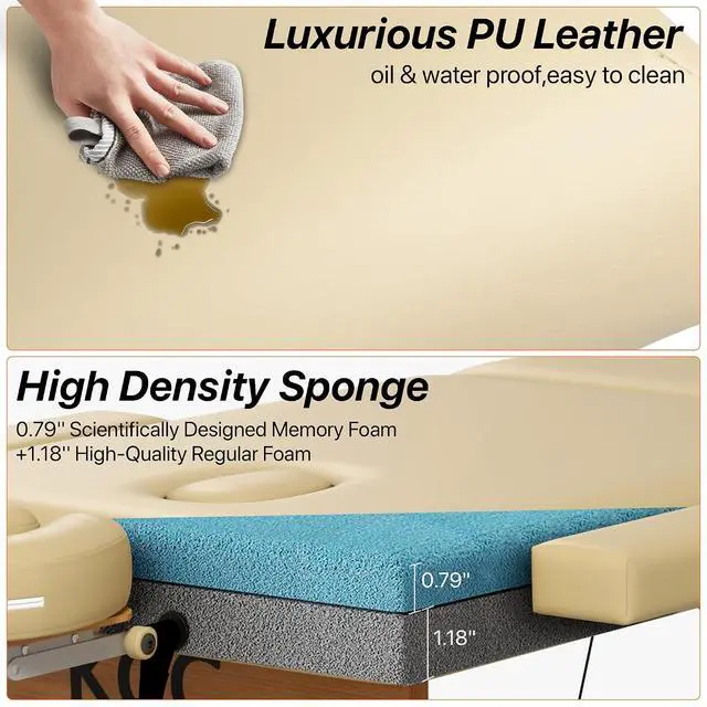 Alt view image 5 of 7 - Memory Foam Portable Massage Table, Foldable Tattoo Table Lash Bed Height Adjustable28 Inchs Wide Home Salon Spa Bed Accessories &Carrying CaseEasy Set Up,Sturdy Wooden Feet,Beige