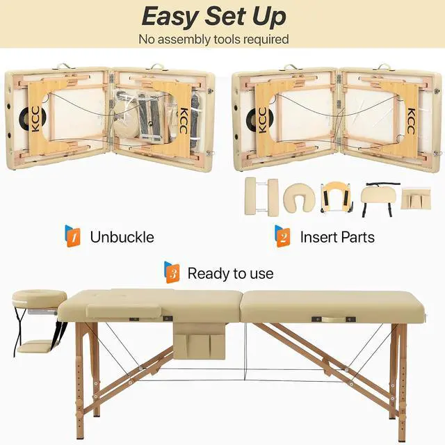 Alt view image 7 of 7 - Memory Foam Portable Massage Table, Foldable Tattoo Table Lash Bed Height Adjustable28 Inchs Wide Home Salon Spa Bed Accessories &Carrying CaseEasy Set Up,Sturdy Wooden Feet,Beige