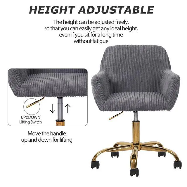 Alt view image 3 of 7 - Corduroy Fabric Vanity Makeup Desk Chair, Fluffy Swivel Modern Armchair with Wheels, Upholstered Fuzzy Height Adjustable for Girls Home Office, Gray