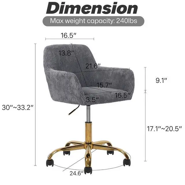 Alt view image 2 of 7 - Corduroy Fabric Vanity Makeup Desk Chair, Fluffy Swivel Modern Armchair with Wheels, Upholstered Fuzzy Height Adjustable for Girls Home Office, Gray