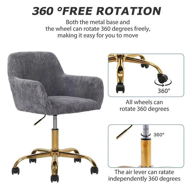 Alt view image 4 of 7 - Corduroy Fabric Vanity Makeup Desk Chair, Fluffy Swivel Modern Armchair with Wheels, Upholstered Fuzzy Height Adjustable for Girls Home Office, Gray