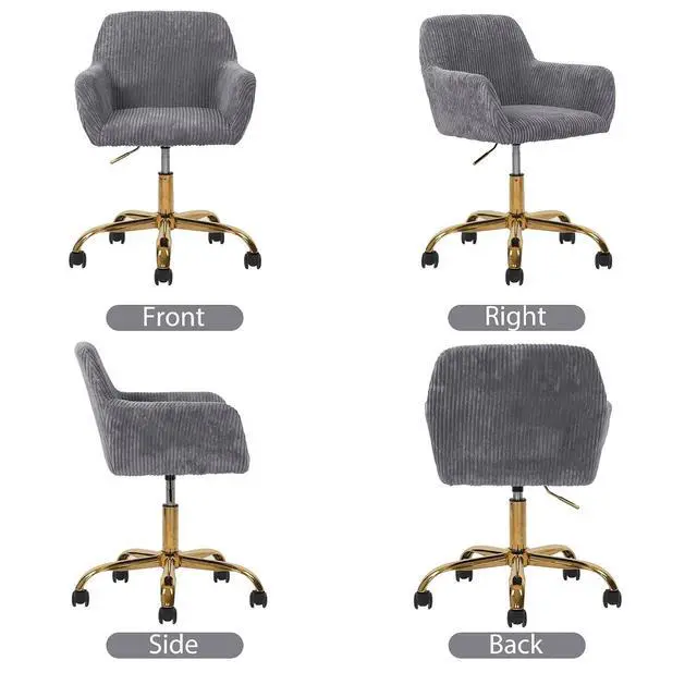 Alt view image 6 of 7 - Corduroy Fabric Vanity Makeup Desk Chair, Fluffy Swivel Modern Armchair with Wheels, Upholstered Fuzzy Height Adjustable for Girls Home Office, Gray