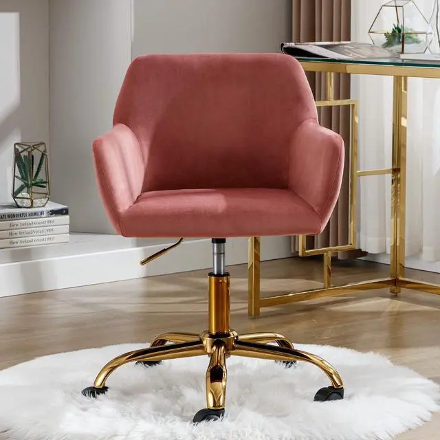 Alt view image 2 of 7 - Velvet Office Desk Chair, Comfy Swivel Modern Leisure Armchair with Wheels, Upholstered Comfy Velvet Fabric Makeup Chair Height Adjustable for Teens Women Girls Elegant Home Office, Rose