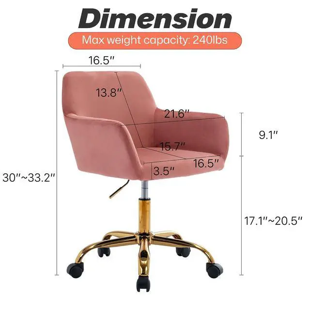 Alt view image 3 of 7 - Velvet Office Desk Chair, Comfy Swivel Modern Leisure Armchair with Wheels, Upholstered Comfy Velvet Fabric Makeup Chair Height Adjustable for Teens Women Girls Elegant Home Office, Rose