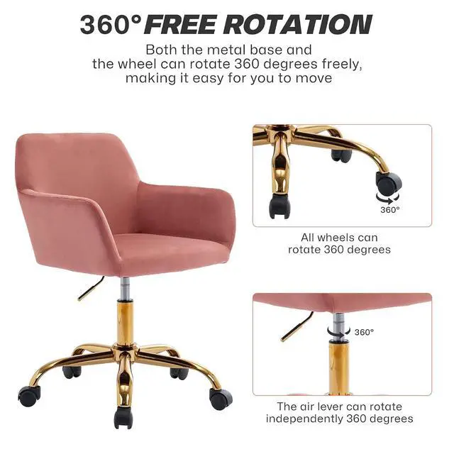 Alt view image 5 of 7 - Velvet Office Desk Chair, Comfy Swivel Modern Leisure Armchair with Wheels, Upholstered Comfy Velvet Fabric Makeup Chair Height Adjustable for Teens Women Girls Elegant Home Office, Rose