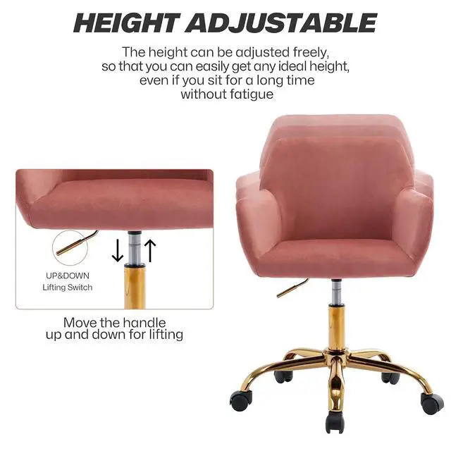 Alt view image 4 of 7 - Velvet Office Desk Chair, Comfy Swivel Modern Leisure Armchair with Wheels, Upholstered Comfy Velvet Fabric Makeup Chair Height Adjustable for Teens Women Girls Elegant Home Office, Rose