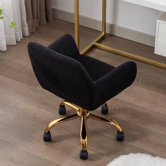 Alt view image 2 of 7 - Faux Fur Office Desk Chair, Comfy Swivel Armchair with Wheels, Upholstered Fuzzy Vanity Chair, Adjustable Seat Height, Black