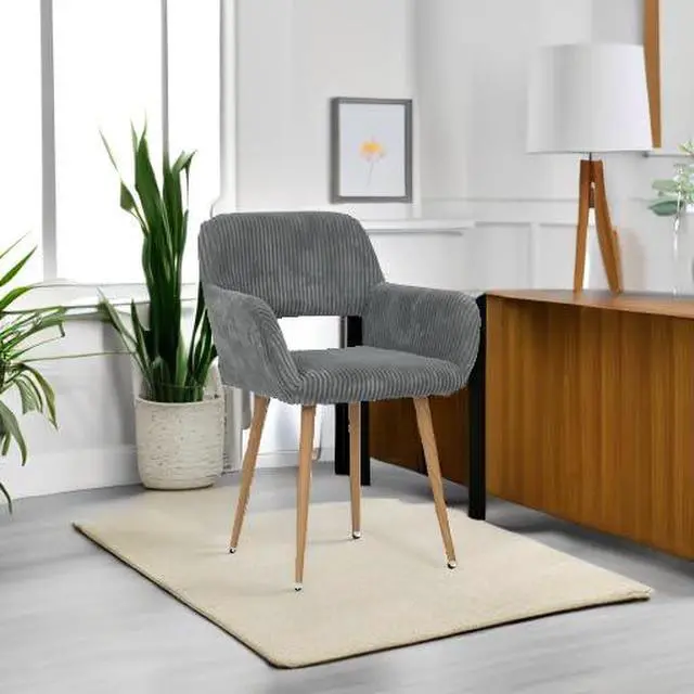 Alt view image 5 of 7 - Small Modern Dining Room Arm Chairs 1 Piece, Mid-Century Upholstered Corduroy Fabric Side Seat Club Guest with Metal Tube Legs for Kitchen, Living Room, Gray