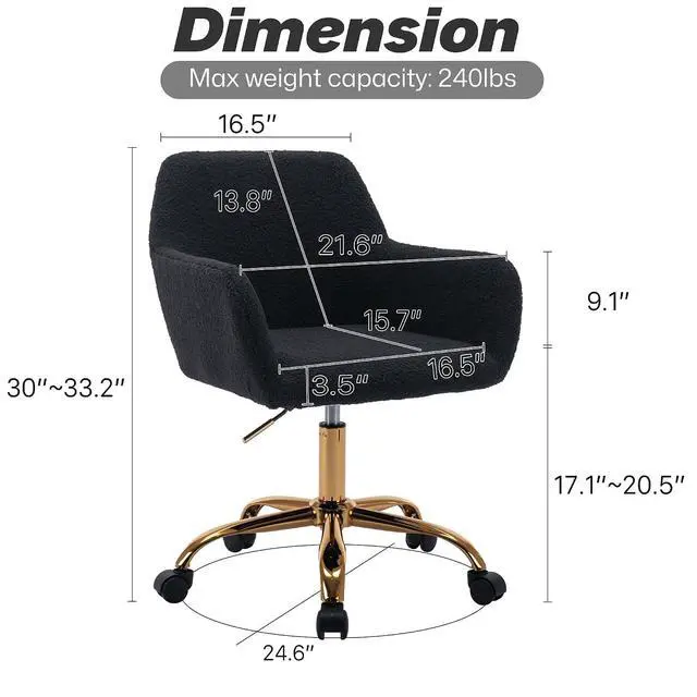 Alt view image 3 of 7 - Faux Fur Office Desk Chair, Comfy Swivel Armchair with Wheels, Upholstered Fuzzy Vanity Chair, Adjustable Seat Height, Black
