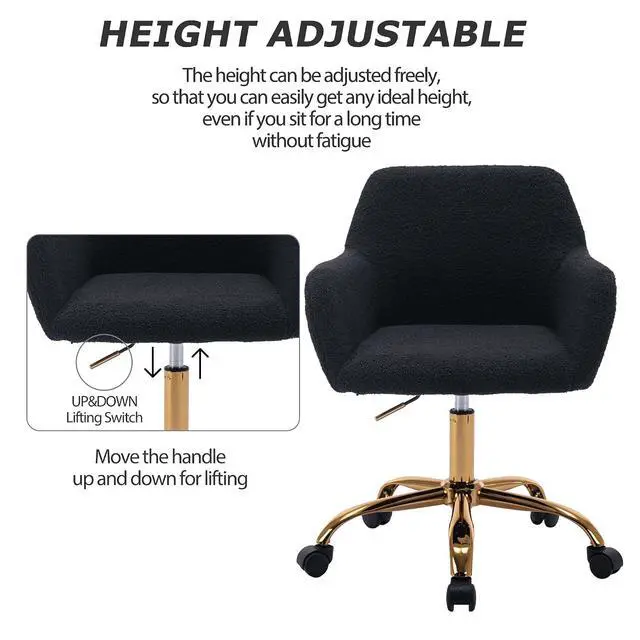 Alt view image 4 of 7 - Faux Fur Office Desk Chair, Comfy Swivel Armchair with Wheels, Upholstered Fuzzy Vanity Chair, Adjustable Seat Height, Black