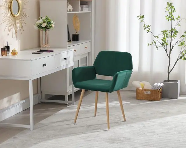 Alt view image 2 of 7 - Small Modern Dining Room Arm Chairs 1 Piece, Mid-Century Upholstered Velvet Side Seat Club Guest with Metal Tube Legs for Kitchen, Living Room, Green