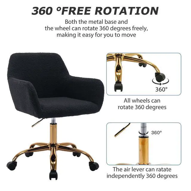 Alt view image 5 of 7 - Faux Fur Office Desk Chair, Comfy Swivel Armchair with Wheels, Upholstered Fuzzy Vanity Chair, Adjustable Seat Height, Black