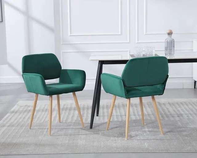 Alt view image 4 of 7 - Small Modern Dining Room Arm Chairs 1 Piece, Mid-Century Upholstered Velvet Side Seat Club Guest with Metal Tube Legs for Kitchen, Living Room, Green