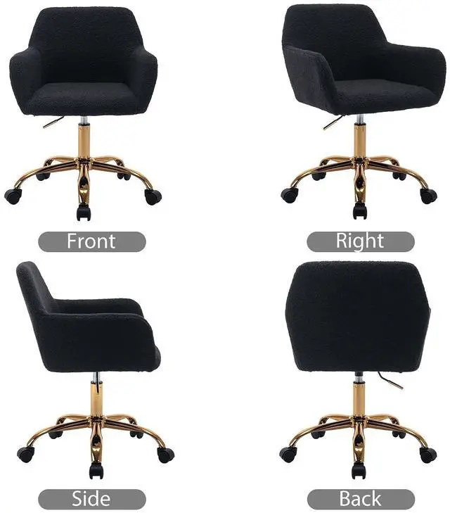 Alt view image 7 of 7 - Faux Fur Office Desk Chair, Comfy Swivel Armchair with Wheels, Upholstered Fuzzy Vanity Chair, Adjustable Seat Height, Black