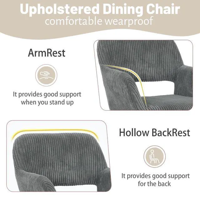 Alt view image 4 of 7 - Small Modern Dining Room Arm Chairs 1 Piece, Mid-Century Upholstered Corduroy Fabric Side Seat Club Guest with Metal Tube Legs for Kitchen, Living Room, Gray