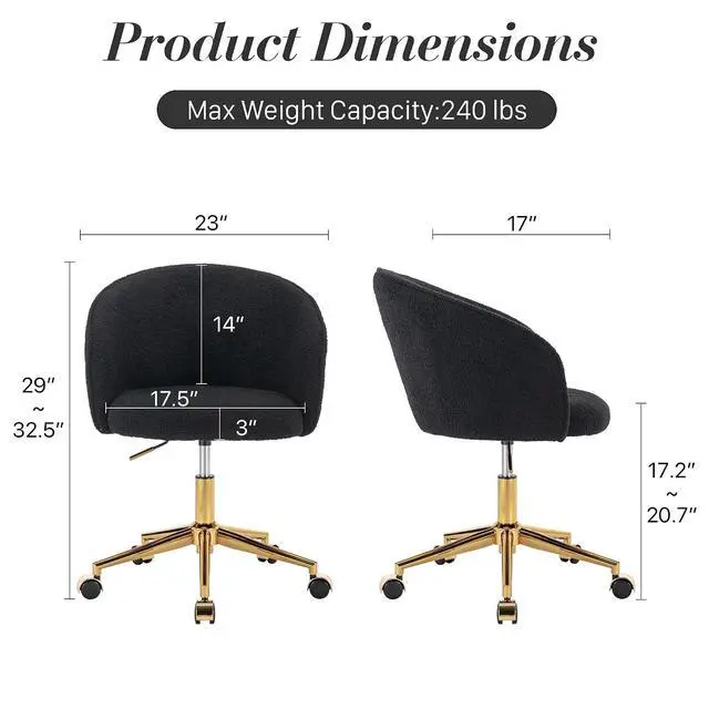 Alt view image 3 of 7 - Faux Fur Office Desk Chair, Comfy Fluffy Swivel Modern Leisure Armchair with Wheels, Upholstered Comfy Fuzzy Vanity Makeup Chair Height Adjustable for Teens Women Girls Elegant Home Office