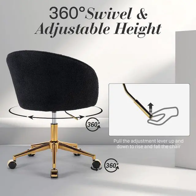 Alt view image 4 of 7 - Faux Fur Office Desk Chair, Comfy Fluffy Swivel Modern Leisure Armchair with Wheels, Upholstered Comfy Fuzzy Vanity Makeup Chair Height Adjustable for Teens Women Girls Elegant Home Office