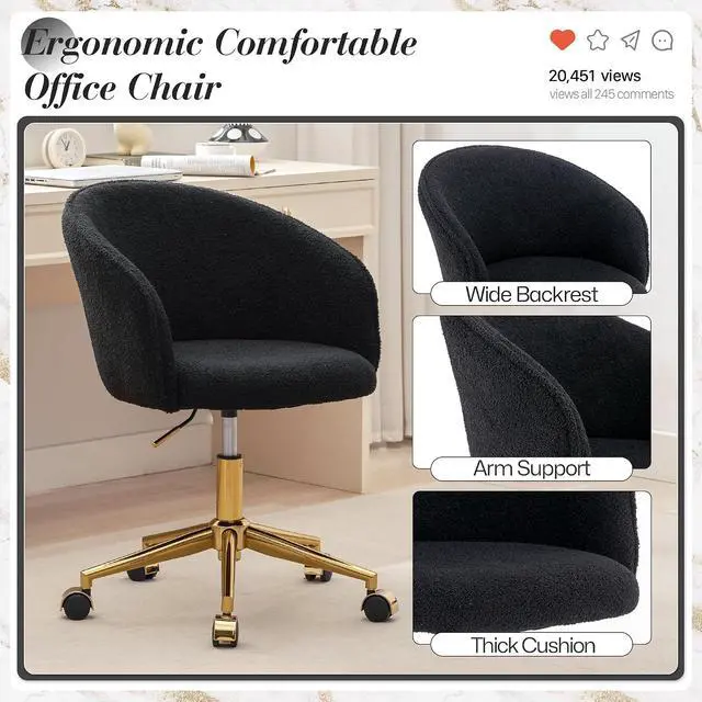 Alt view image 5 of 7 - Faux Fur Office Desk Chair, Comfy Fluffy Swivel Modern Leisure Armchair with Wheels, Upholstered Comfy Fuzzy Vanity Makeup Chair Height Adjustable for Teens Women Girls Elegant Home Office