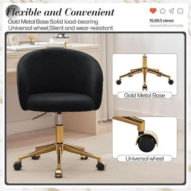 Alt view image 7 of 7 - Faux Fur Office Desk Chair, Comfy Fluffy Swivel Modern Leisure Armchair with Wheels, Upholstered Comfy Fuzzy Vanity Makeup Chair Height Adjustable for Teens Women Girls Elegant Home Office