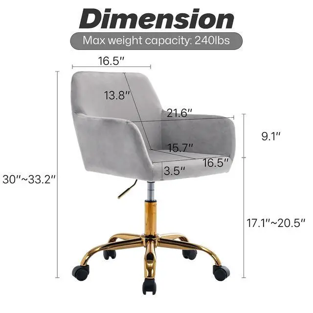 Alt view image 3 of 7 - Velvet Office Desk Chair, Comfy Swivel Modern Leisure Armchair with Wheels, Upholstered Comfy Velvet Fabric Makeup Chair Height Adjustable for Teens Women Girls Elegant Home Office, Gray