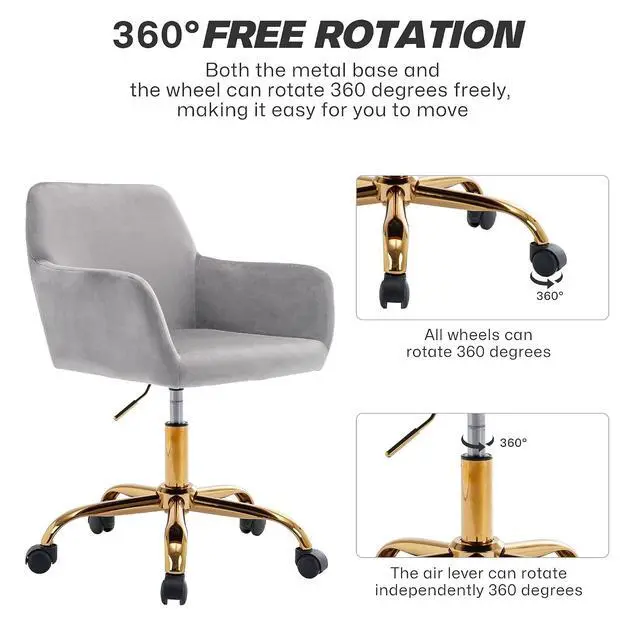 Alt view image 5 of 7 - Velvet Office Desk Chair, Comfy Swivel Modern Leisure Armchair with Wheels, Upholstered Comfy Velvet Fabric Makeup Chair Height Adjustable for Teens Women Girls Elegant Home Office, Gray