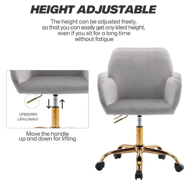 Alt view image 4 of 7 - Velvet Office Desk Chair, Comfy Swivel Modern Leisure Armchair with Wheels, Upholstered Comfy Velvet Fabric Makeup Chair Height Adjustable for Teens Women Girls Elegant Home Office, Gray