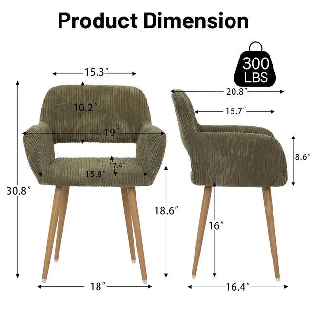 Alt view image 3 of 7 - Small Modern Dining Room Arm Chairs Set of 4, Mid-Century Upholstered Corduroy Fabric Side Seat Club Guest with Metal Tube Legs for Kitchen, Living Room, Green