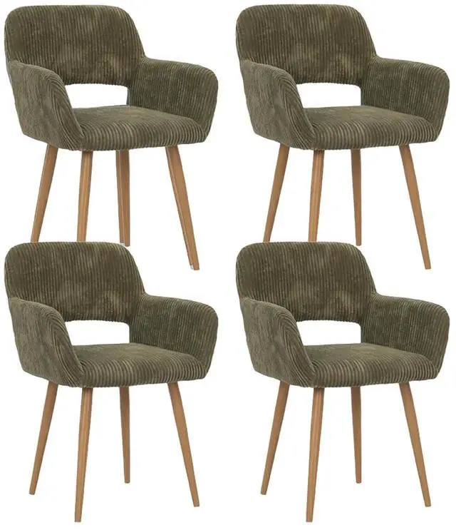 Main image of Small Modern Dining Room Arm Chairs Set of 4, Mid-Century Upholstered Corduroy Fabric Side Seat Club Guest with Metal Tube Legs for Kitchen, Living Room, Green