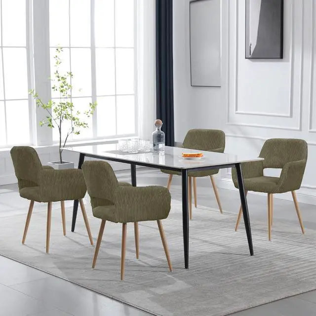 Alt view image 4 of 7 - Small Modern Dining Room Arm Chairs Set of 4, Mid-Century Upholstered Corduroy Fabric Side Seat Club Guest with Metal Tube Legs for Kitchen, Living Room, Green